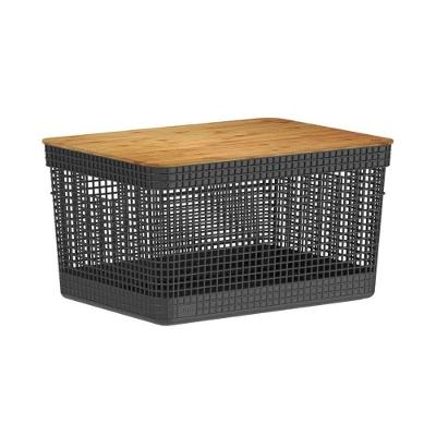Cesto Organizador Grid Preto 20 L Com Tampa De Bambu 39 X 29 X 22,6 Cm