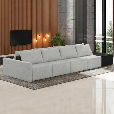 Sofá Ilha Modulado Milos 432cm Puff Lateral Cinza Preto Manchado Linho/pu G33 - Gran Belo