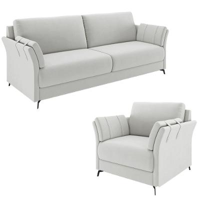 Conjunto Poltrona E Sofá Decorativo Violet 3 Lugares 223cm Pés Em Alumínio Preto Veludo Cinza Claro G45 - Gran Belo