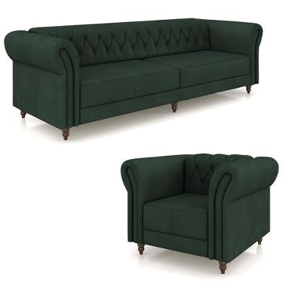 Conjunto 1 Sofá Living 260cm E 1 Poltrona Stanford Chesterfield Pés Madeira Couro Verde G58 Gran Belo