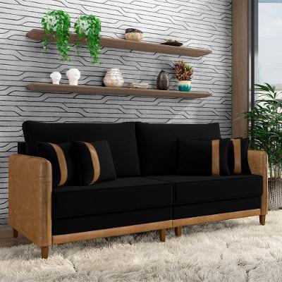 Sofá Living Montecarlo 3 Lugares Bipartido 232cm Pés Em Madeira Veludo-pu Preto-caramelo G33 Gran Belo