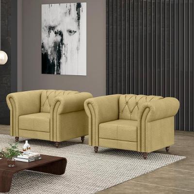 2 Poltronas Decorativas Stanford Chesterfield Pés De Madeira Couro Bege G58 Gran Belo