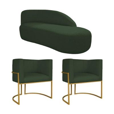 Kit Divã Luna 160cm Lado Direito E 02 Poltronas Base De Ferro Dourado Linho Verde