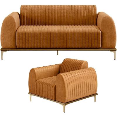 Kit Sofá 3 Lugares 210cm Com Poltrona Molino Base Castanho Pés D'ouro D02 Couríssimo Whisky B-90 - Lyam Decor