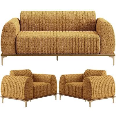 Kit Sofá 3 Lugares 210cm Com 02 Poltronas Molino Base Castanho Pés D'ouro D02 Prime Bouclê Mostarda Pb-03 - Lyam Decor