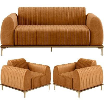 Kit Sofá 3 Lugares 210cm Com 02 Poltronas Molino Base Castanho Pés D'ouro D02 Couríssimo Whisky B-90 - Lyam Decor