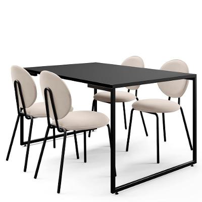 Mesa De Jantar Rivera Preto 136cm Com 04 Cadeiras Industrial évora F01 Suede Bege - Lyam