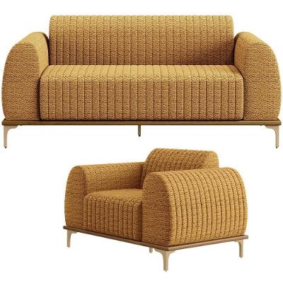 Kit Sofá 3 Lugares 180cm Com Poltrona Molino Base Castanho Pés D'ouro D02 Prime Bouclê Mostarda Pb-03 - Lyam Decor