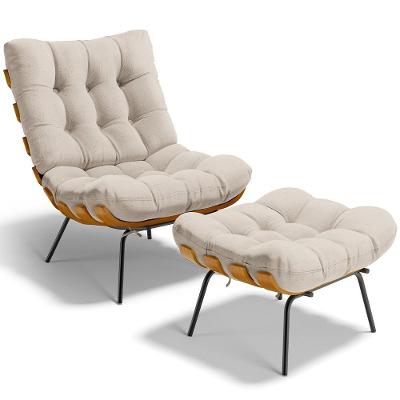 Poltrona Costela L02 Com Puff Linho Cru - Lyam Decor