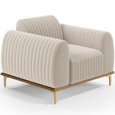 Poltrona Decorativa Base De Madeira Castanho E Pés Metalizado D'ouro Molino D02 Bouclê Creme B-54 - Lyam Decor