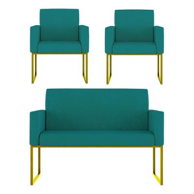 Kit Poltronas Namoradeira Lugares Recepção Base Dourada Azul Turquesa