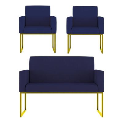 Kit Poltronas Namoradeira Lugares Recepção Base Dourada Azul Marinho