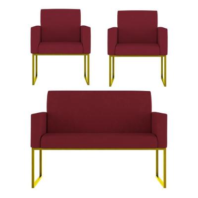 Kit Poltronas Namoradeira Lugares Recepção Base Dourada Marsala