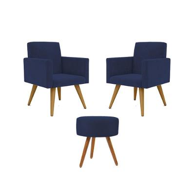 Kit 2 Poltronas Decorativa Consultorio Nina Com Puff Balaqui Azul Marinho