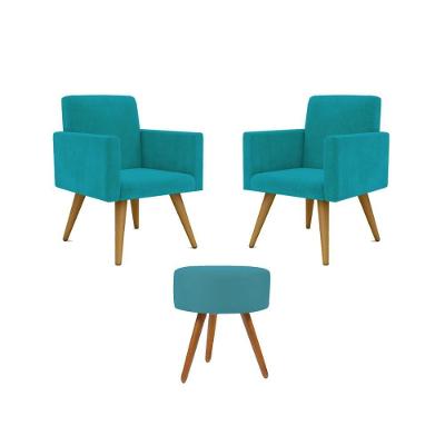 Kit 2 Poltronas Decorativa Consultorio Nina Com Puff Balaqui Azul Turquesa