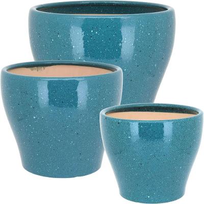 Jogo 3 Cachepô Cerâmica Azul Vaso Decorativo Planta