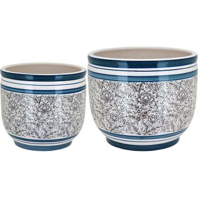 Jogo 2 Cachepô Cerâmica Azul Vaso Decorativo Planta