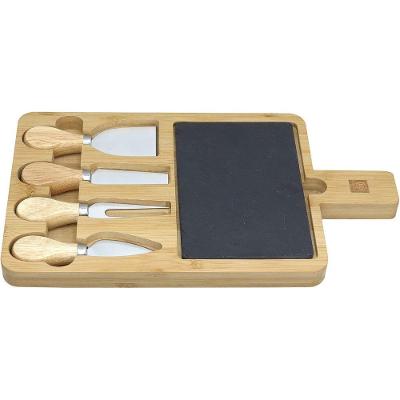 Jogo 4 Peças Para Queijo Home&co Com Tabua De Corte Em Ardosia Bambu Natural