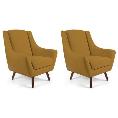 Kit 02 Poltronas Fixa Pés De Madeira Veludo Mostarda Escuro