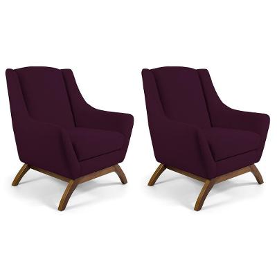 Kit 02 Poltronas Fixa Base De Madeira Veludo Roxo Grape