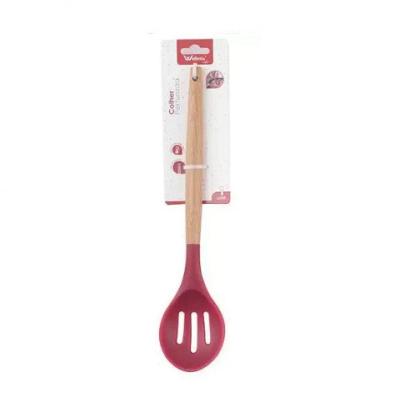 Colher Vazada De Silicone Vermelho Cabo Madeira 32 Cm - Well