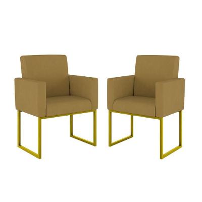Kit 2 Poltrona Cadeira Decorativa Recepção Base Ferro Dourado Cor:capuccino