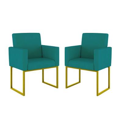 Kit 2 Poltrona Cadeira Decorativa Recepção Base Ferro Dourado Cor:azul Turquesa