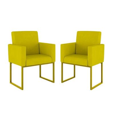 Kit 2 Poltrona Cadeira Decorativa Recepção Base Ferro Dourado Cor:amarelo