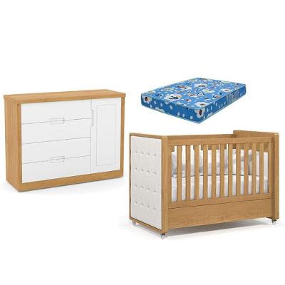 Berço Americano Capitonê New Boucle E Cômoda Infantil Tutto New Freijó E Colchão - Matic