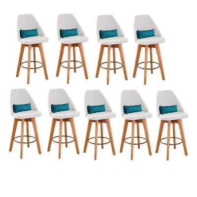 Kit 09 Banquetas Alta Maya Giratória Com Encosto Gourmet Linho Bege e Almofada Sintético Azul Turquesa - Aurora Line