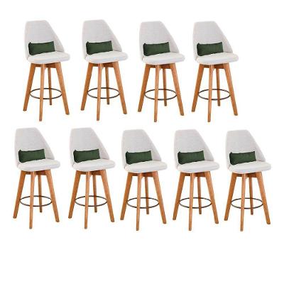 Kit 09 Banquetas Alta Maya Giratória Com Encosto Gourmet Linho Bege e Almofada Suede Verde Musgo - Aurora Line