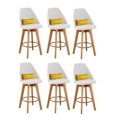 Kit 06 Banquetas Alta Maya Giratória Com Encosto Gourmet Linho Bege e Almofada Sintético Amarelo - Aurora Line