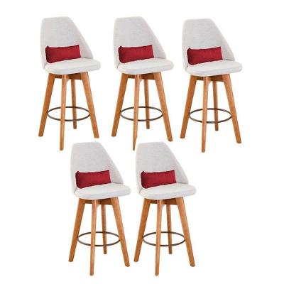 Kit 05 Banquetas Alta Maya Giratória Com Encosto Gourmet Linho Bege e Almofada Sintético Vermelho - Aurora Line