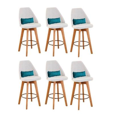 Kit 06 Banquetas Alta Maya Giratória Com Encosto Gourmet Linho Bege e Almofada Sintético Azul Turquesa - Aurora Line
