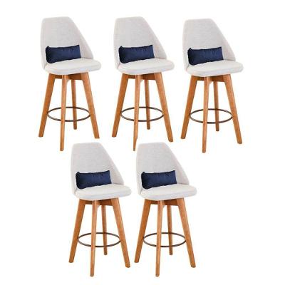 Kit 05 Banquetas Alta Maya Giratória Com Encosto Gourmet Linho Bege e Almofada Suede Azul Marinho - Aurora Line