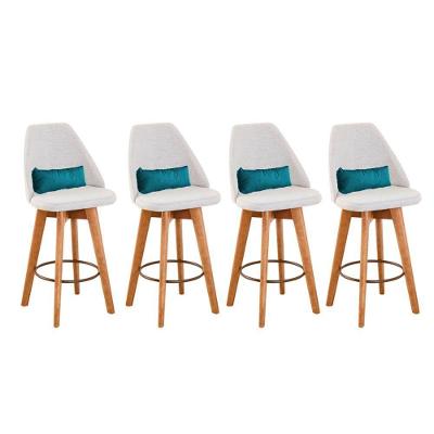 Kit 04 Banquetas Alta Maya Giratória Com Encosto Gourmet Linho Bege e Almofada Sintético Azul Turquesa - Aurora Line