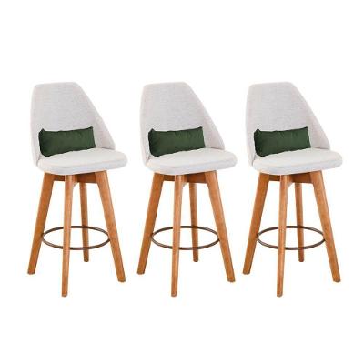 Kit 03 Banquetas Alta Maya Giratória Com Encosto Linho Bege Claro e Almofada Suede Verde Musgo - Aurora Line