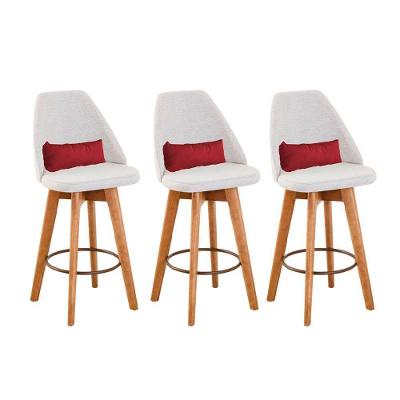 Kit 03 Banquetas Alta Maya Giratória Com Encosto Gourmet Linho Bege e Almofada Corino Vermelho - Aurora Line