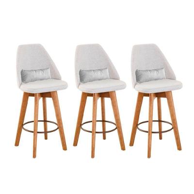 Kit 03 Banquetas Alta Maya Giratória Com Encosto Gourmet Linho Bege e Almofada Suede Branco - Aurora Line
