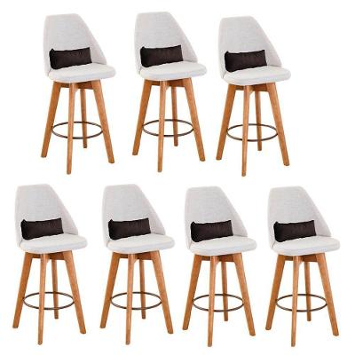 Kit 07 Banquetas Alta Maya Giratória Com Encosto Gourmet Linho Bege e Almofada Suede Marrom - Aurora Line