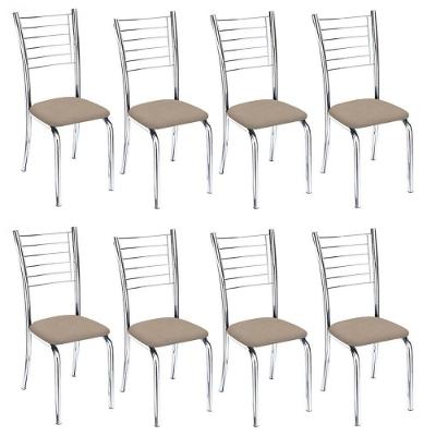 Kit 8 Cadeiras De Jantar Lara Cromada Para Cozinha Suede Bege - Aurora Line