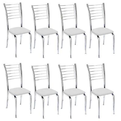 Kit 8 Cadeiras De Jantar Lara Cromada Para Cozinha Assento Corino Branco - Aurora Line