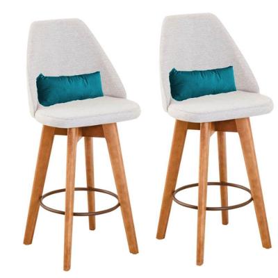 Kit 02 Banquetas Alta Maya Giratória Com Encosto Gourmet Linho Bege e Almofada Azul Turquesa - Aurora Line