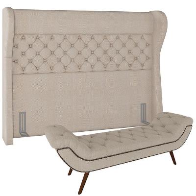 Kit Cabeceira Cama Box Casal 140cm Madrid Com Puff Recamier Santorini Linho Creme