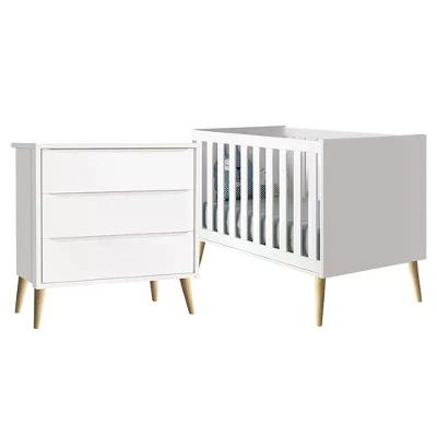 Jogo De Quarto Infantil Berço Branco Fosco Com Pés Madeira Natural - Reller Móveis Branco Fosco