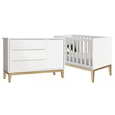 Jogo De Quarto Classic Berço Branco Fosco Com Pés Madeira Natural - Reller Móveis Branco Fosco