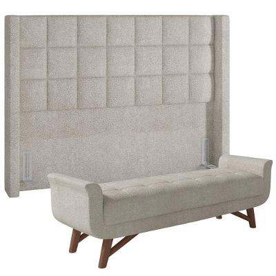 Kit Cabeceira Cama Box Paris 195cm Com Puff Recamier Itália P05 Bouclê Creme