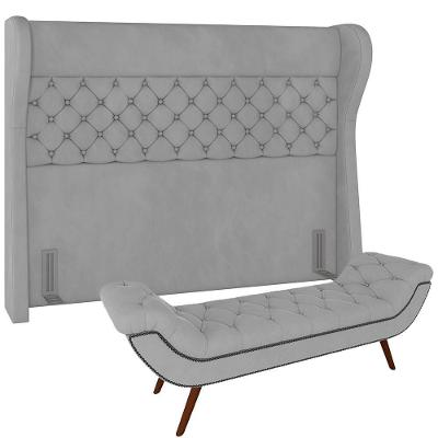Kit Cabeceira Cama Box Casal 160cm Madrid Com Puff Recamier Santorini Veludo Cinza