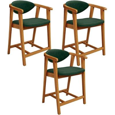 Kit 03 Banquetas Baixa Cozinha Bancada Cecília L02 Couríssimo Verde Musgo Lyam Decor