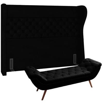 Kit Cabeceira Cama Box Casal 160cm Madrid Com Puff Recamier Santorini Couríssimo Preto